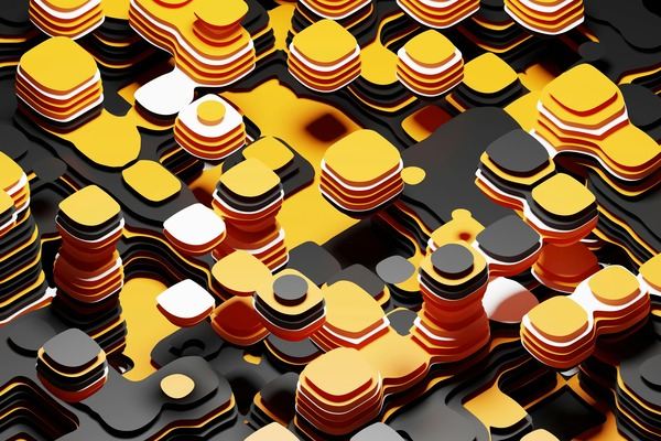 Abstract layered shapes in orange, black and cream tones