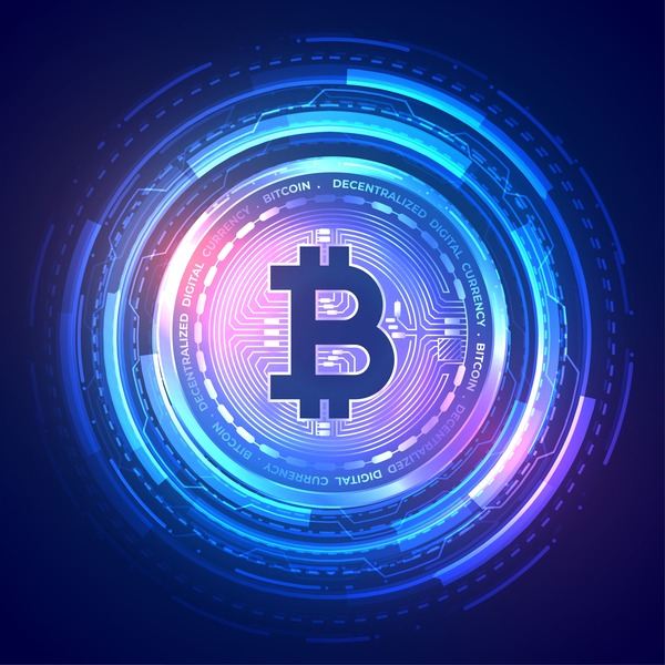 Neon Bitcoin emblem glowing in violet and blue rings