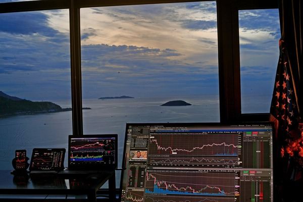 Trading workstation with chart monitors by a window overlooking the sea