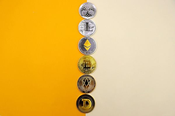 Column of Bitcoin, Ethereum, Litecoin and other coins on a yellow background