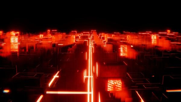 Red neon light lines forming a futuristic digital grid