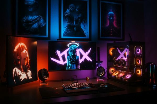 Dark room lit with purple and blue neon art and computer screens