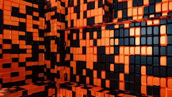 Abstract wall of glowing orange and black digital cubes