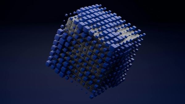 Abstract blue cube assembled from glowing digital blocks