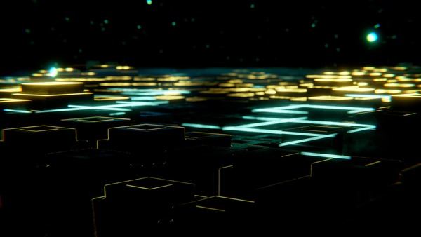 Dark digital landscape of blocks outlined with neon light