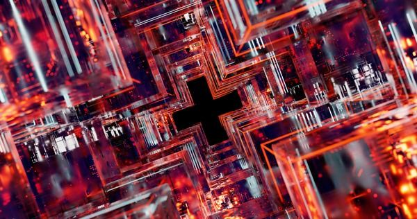 Abstract magenta digital maze of glowing lines