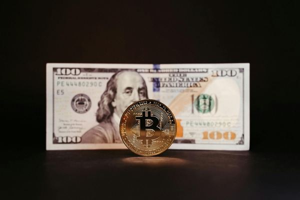 Bitcoin coin standing in front of a 100 US dollar banknote