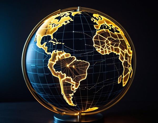 Glowing golden globe with a digital map of continents